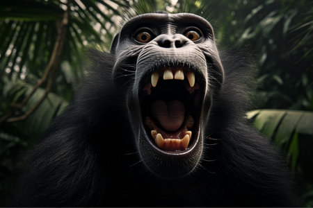 Chimpanzee with open mouth and teeth in the jungle.の素材