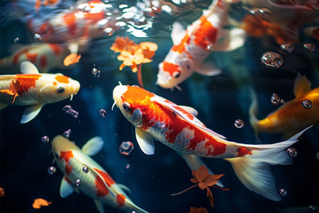Colorful koi fish swimming in the water. Shallow depth of fieldの素材