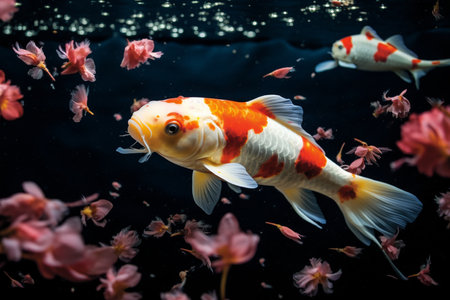 Koi fish swimming in the aquarium with flower petals, Thailand.の素材