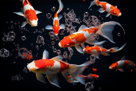 Beautiful goldfish swimming in the water. Isolated on black backgroundの素材
