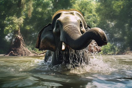 Asian elephant bathing in the river, Ayutthaya, Thailandの素材
