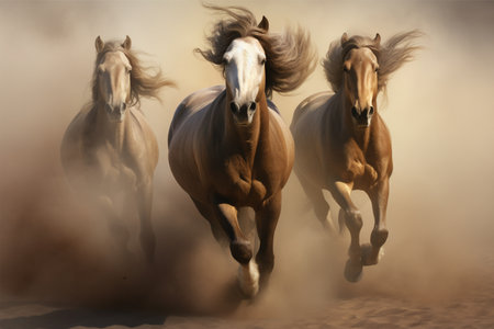 Horses run gallop in the dust, motion blur effect.の素材