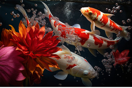 Koi fish swimming in the aquarium with water bubbles and flowers.の素材