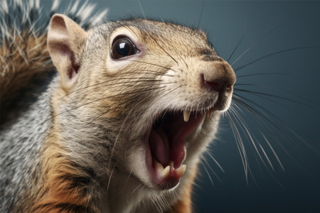 Portrait of a squirrel with open mouth on a dark background.の素材