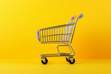 Empty shopping cart on yellow background. Online shopping concept. Copy space.の素材