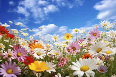 field of daisies on blue sky background with white clouds.の素材