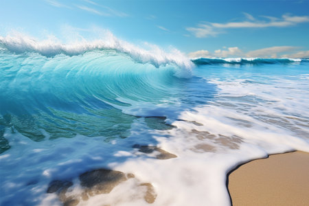 Blue ocean wave on sandy beach. 3d render background with copy spaceの素材