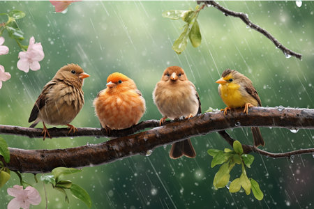 Little birds sitting on a branch in the rain during the day.の素材
