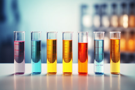 Test-tubes with colorful liquid in laboratory. Science and medical backgroundの素材