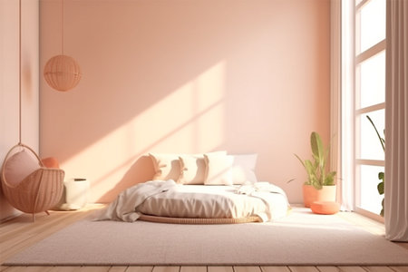 Interior of modern bedroom with pink walls and wooden floor, 3d renderの素材