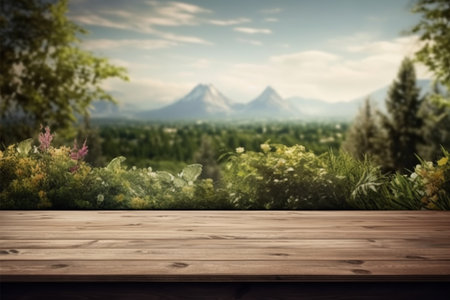 Wooden table against view of mountain range in the distance with forestの素材