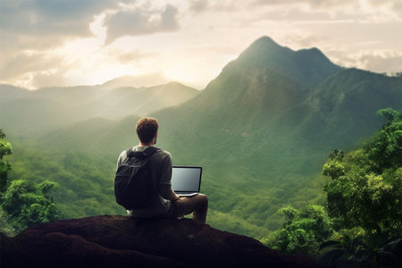 Businessman sitting on the top of mountain and using laptop computer.の素材