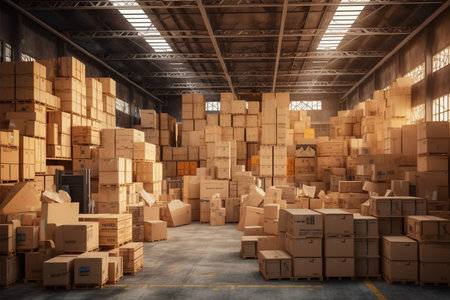 Warehouse interior with cardboard boxes. 3d rendering toned imageの素材