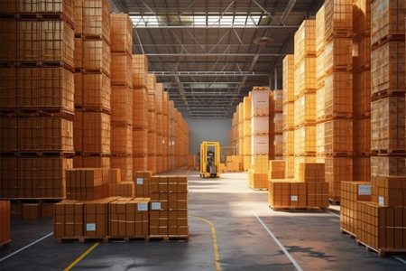 Forklift in warehouse. Distribution warehouse. Warehouse interior. Industrial warehouse.の素材