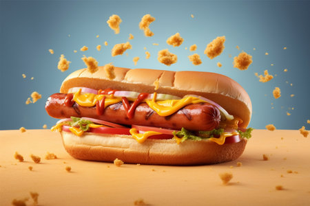 Hot dog with flying ingredients on a blue background. 3d renderingの素材