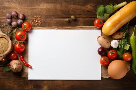 Blank paper sheet with vegetables and spices on wooden background. Top viewの素材