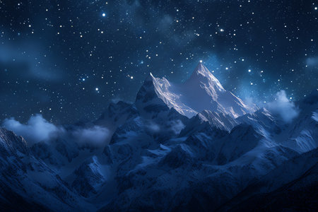 Mountain landscape with starry sky and snow. 3D renderingの素材