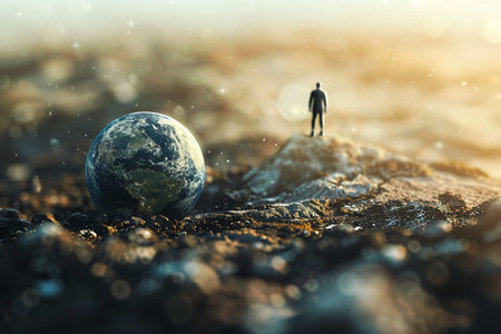 Conceptual image of man standing on earth planet. 3d renderingの素材