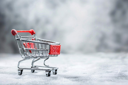 Shopping cart on snow background. Christmas and New Year concept.の素材