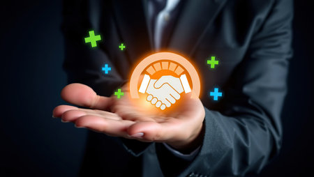 A professional in a suit presents a bright, glowing digital currency symbol in their palm. Abstract financial growth elements radiate around the coin, suggesting investment and future prosperity.の素材
