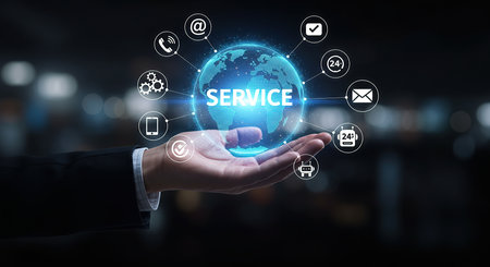 Experience the future of service with this dynamic image. A hand cradles a glowing digital sphere, symbolizing global connectivity, as diverse app icons orbit, representing innovation and digital solutions.の素材