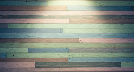 A textured background of horizontal wooden planks in muted pastel colors, illuminated by a soft spotlight from above.の素材