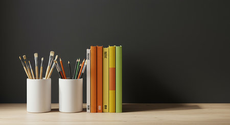 A collection of art supplies, including vibrant markers and assorted brushes in containers, displayed on a wooden surface against a dark backdrop, ready for creative projects.の素材