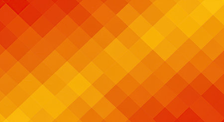 A dynamic abstract geometric pattern composed of small square pixels in vibrant shades of orange and yellow. The composition creates a sense of warmth and modern digital texture.の素材