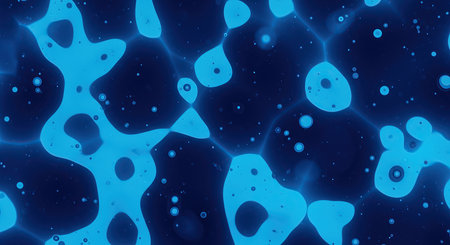 Microscopic view of luminous blue shapes and particles swirling in deep navy. This abstract pattern evokes a sense of organic underwater life and cosmic phenomena.の素材