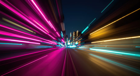 This dynamic image captures the exhilarating energy of a city at night, with streaks of vibrant pink, blue, and yellow light blurring into motion.の素材
