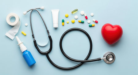 A collection of medical essentials including a stethoscope, pills, a heart model, and other supplies are neatly arranged on a light gray surface, suggesting healthcare and treatment.の素材