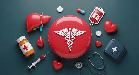 A visually striking arrangement of medical symbols and supplies including a caduceus, liver model, blood bag, syringe, and first aid kit, promoting health awareness.の素材