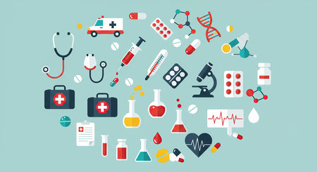 A vibrant collection of medical and healthcare-related icons, including a stethoscope, ambulance, pills, DNA strand, and microscope, artfully arranged in a circular pattern on a light blue background.の素材