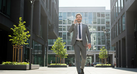 A man in a grey suit and tie walks down a city street, holding a phone to his ear and talking.の素材