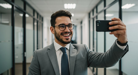 A happy businessman in a suit and tie takes a selfie with his smartphone in a well-lit office corridor with glass partitions.の素材