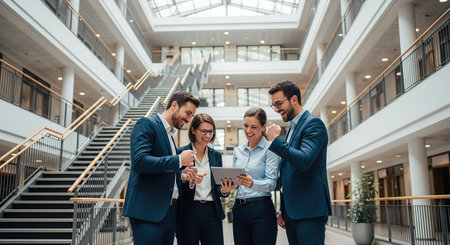 Four diverse colleagues in business attire gather around a tablet, discussing work in a bright, multi-story office building with stairs.の素材