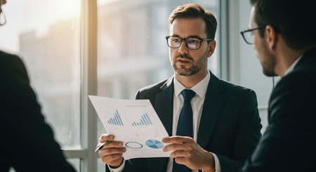Three men in suits are gathered around a table, with one man presenting a document containing charts and graphs.の素材