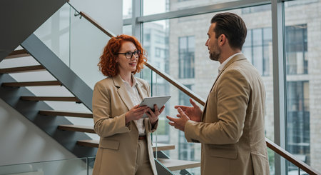 A woman with red hair and glasses and a man with a beard are talking while looking at a tablet on a contemporary office staircase.の素材