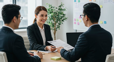 Three business professionals in suits are seated at a table in a meeting room, discussing documents and looking at charts.の素材
