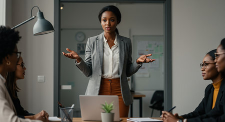 A professional Black woman confidently addresses her diverse team during a meeting, gesturing with her hands. Focus is on leadership and collaboration.の素材