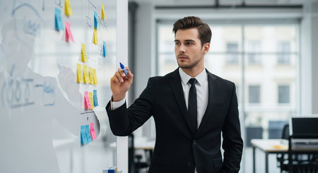 A focused businessman in a suit stands before a whiteboard, actively engaged in explaining concepts with a marker in hand.の素材