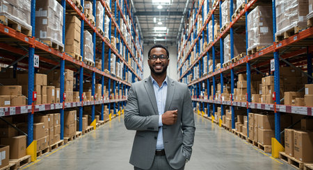 A confident Black man in a suit stands in a brightly lit warehouse aisle, surrounded by tall shelves packed with goods.の素材