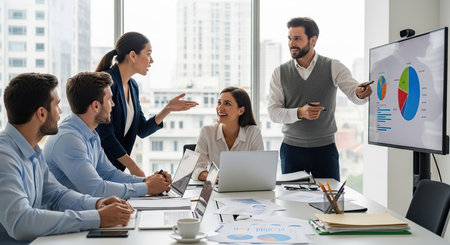 A group of professionals are actively engaged in a business meeting, with one person presenting a colorful pie chart on a large screen.の素材