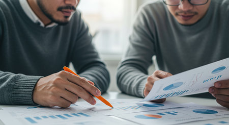 Two men are focused on reviewing and discussing charts and graphs on documents, indicating a business meeting or project work.の素材