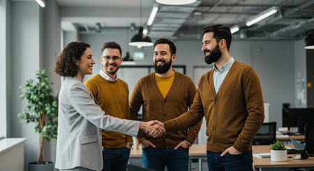 Four diverse colleagues in a bright office space, two men shaking hands, symbolizing partnership and successful business dealings.の素材