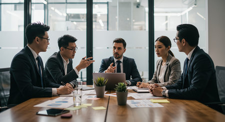 A group of professionals in a modern office setting actively discussing ideas and working together.の素材