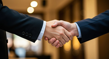 A close-up shot captures two individuals in formal attire firmly shaking hands, symbolizing a successful negotiation and the establishment of a strong business partnership. The gesture conveys trust aの素材