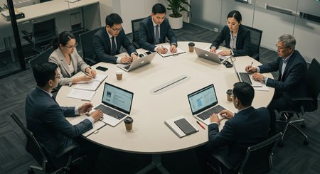 A diverse group of professionals in a modern boardroom engage in a collaborative meeting, actively participating in discussions while utilizing laptops and documents on a large circular table.の素材