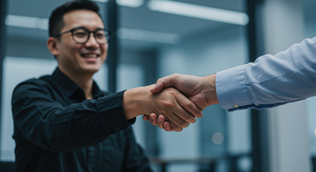 A close-up shot captures two businessmen engaged in a handshake, symbolizing a successful agreement and the beginning of a professional partnership in a contemporary office environment.の素材