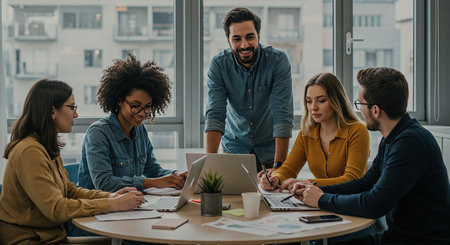 A diverse group of professionals actively engaged in a meeting, discussing ideas around a central table with a laptop, fostering a dynamic and collaborative work environment for project success and inの素材